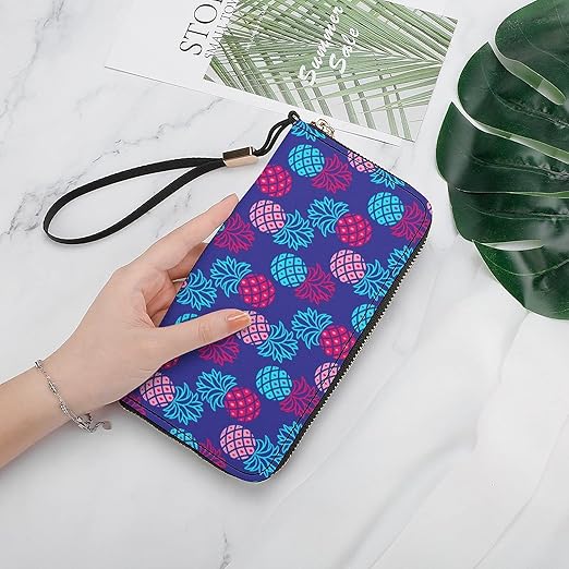 Unisex Zip Around Wallet for Adults Teens Bright Blue And Pink Pineapple Coin Pouch Cash Pocket PU Leather Wallets Card Holder Organizer Designer Purse with Wristlet Strap