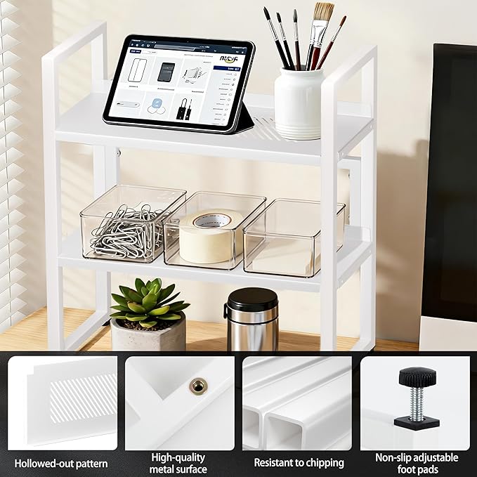 Brakki Desk Shelf Organizer, Adjustable 2 Tier Metal Desktop Shelves, Desktop Bookshelf Organization with Foot Mat, Multi-Functional Small Storage Rack for Office Dorm Home, White