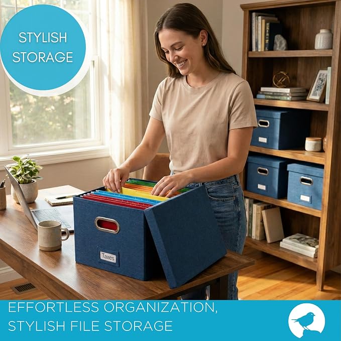Internet's Best Collapsible File Storage Organizer - Decorative Linen Filing & Storage Office Box - Letter/Legal - Navy - 1 Pack