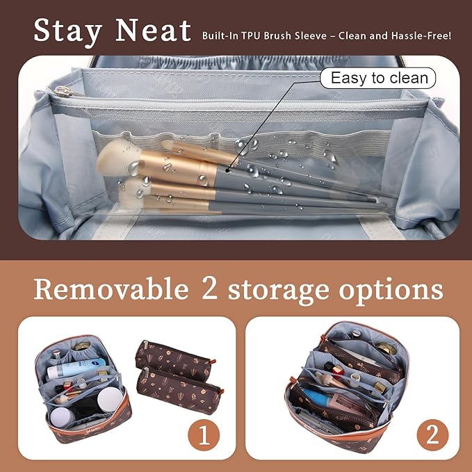 BOYATU Travel Makeup Bag Cosmetic Bags for Women: 3 Pcs Set Portable Make up Bag with Handle - PU Leather Toiletry Bags with Compartments - Makeup Organizer for Travel Essentials(L-1-Brown)