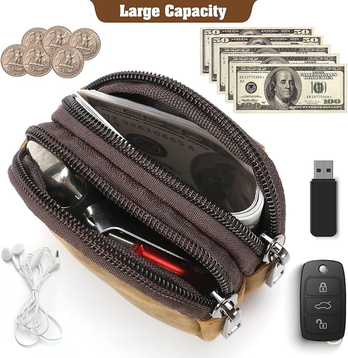 Jack&Chris Coin Purse for Men, Genuine Leather Mini Coin Wallet Zipper Pocket with Back Belt Loop, Coin Bag for Men and Women