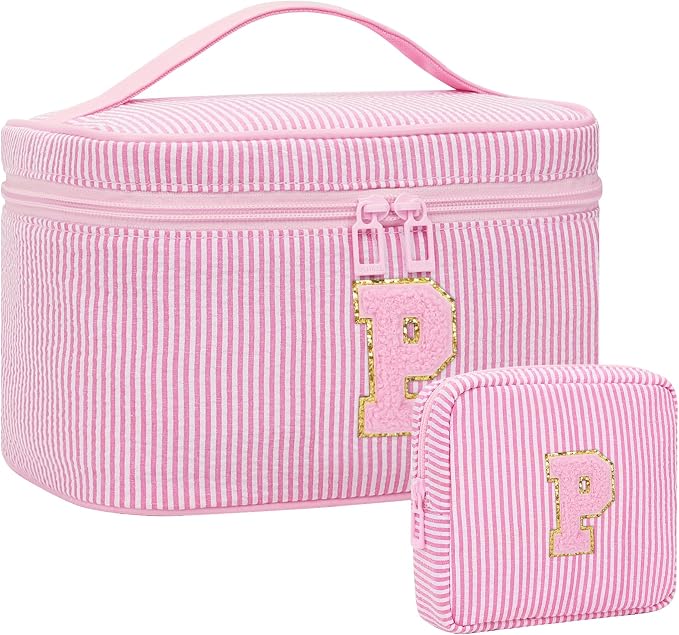 MONSTINA Period Bag Sanitary Napkin Storage Bag|Tampon Pouch Portable Feminine Care First Period Kit for Teen Girls Women Gift for Her Monogram Initial Cute Toiletry Bag,2PCS Pink P