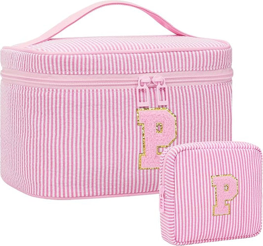MONSTINA Period Bag Sanitary Napkin Storage Bag|Tampon Pouch Portable Feminine Care First Period Kit for Teen Girls Women Gift for Her Monogram Initial Cute Toiletry Bag,2PCS Pink P