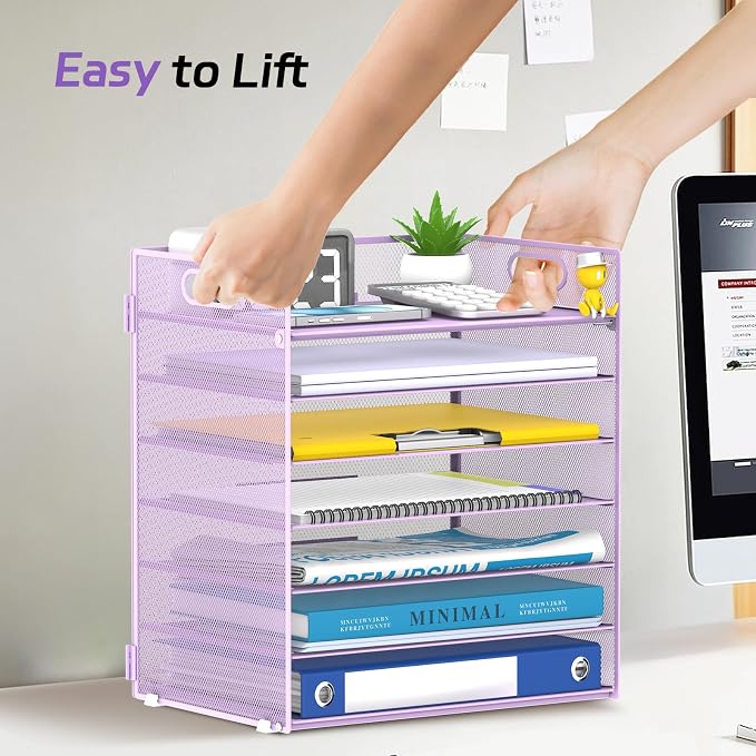 7 Tier Paper Organizer - Mesh Desktop File Holder with Handles for Office School Desk, Black (Purple)
