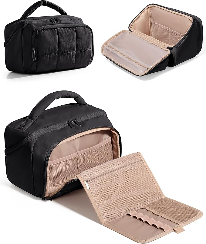 Marscamd Travel Makeup Bag for Women, Toiletry Organizer with Waterproof Pockets, Puffy Cosmetics Pouch for Makeup Brushes, Skincare & Travel Essentials, Black (Bag only)