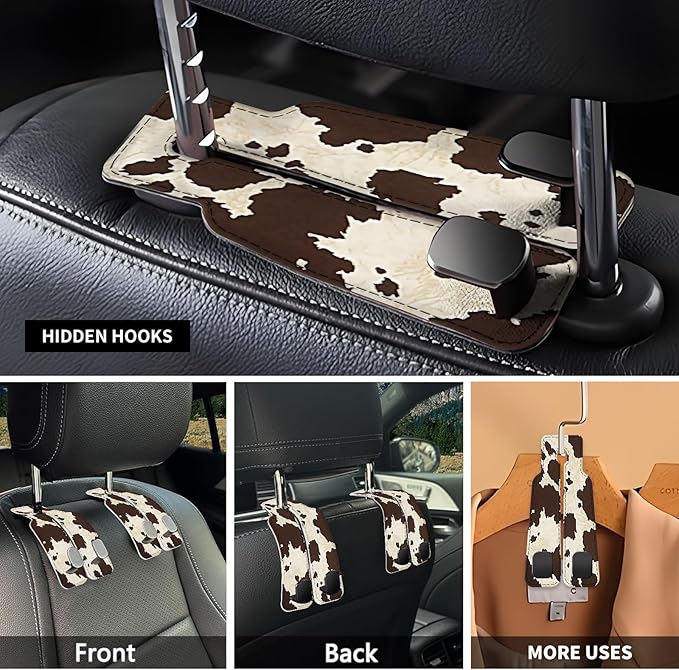 Car Seat Headrest Hook, Universal Leather Cute Hanger Holder Hook, Storage Organizer Interior Accessories for Purse Bags Handbag Retro Cowhide