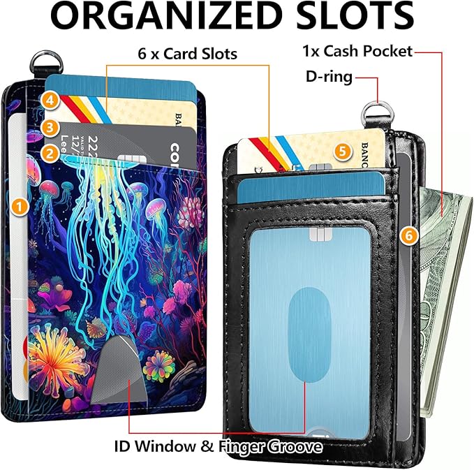 Slim RFID Blocking Card Holder Wallet with Wrist Strap - Minimalist Front Pocket Wallet, Colored jellyfish Design, PU Leathe, for Men & Women, Ideal for Travel & Gifts