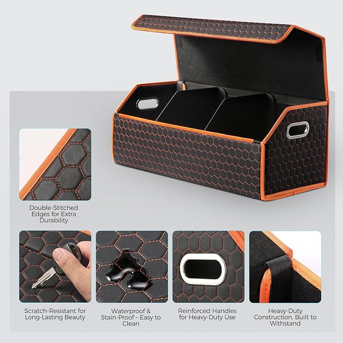 Fyzeoty Car Organizers and Storage - Trunk Organizer for Suv Car,Car Trunk Leather Storage Box,Extra Large,Magnetic Lid,Collapsible and Adjustable