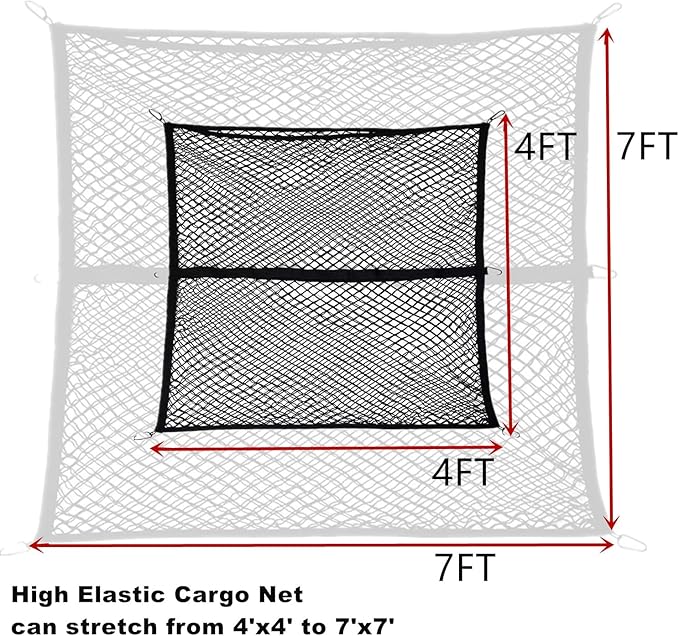 Cargo Net Suitable for Daily Light Loads of SUV Trucks,Mesh Organizer 4'x4' Stretches to 7'x7',Highly Elastic Truck Bed Net for Pickup Truck Bed