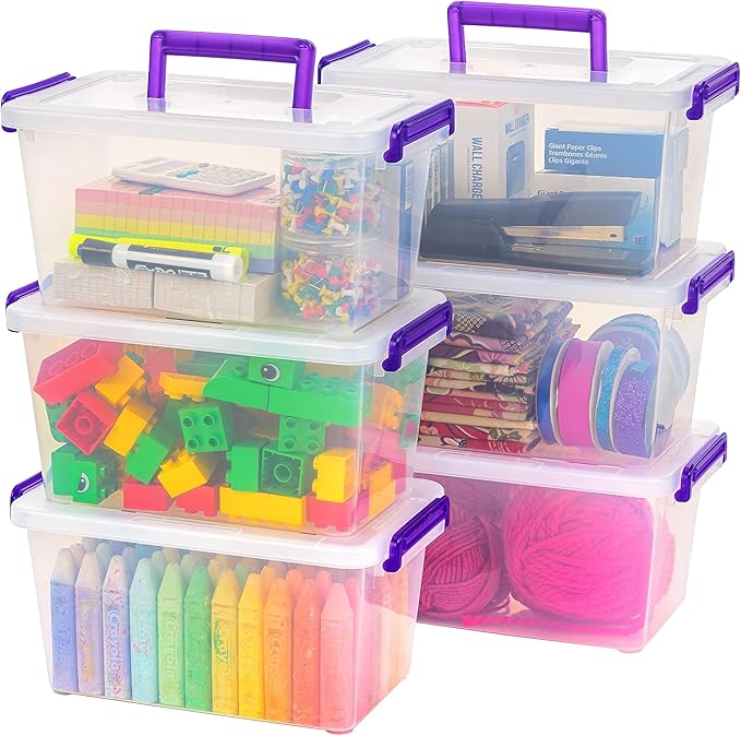 IRIS USA 5 Qt. Plastic Craft Storage Container Bins with Lids, 6 Pack, Small Art & Office Supply Organizer Tote, Sensory Bins & Boxes for Home & University, Stackable, Carry Handle, Clear