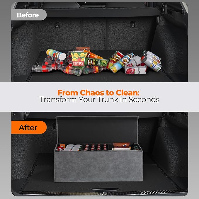Fyzeoty Car Organizers and Storage - Trunk Organizer for Suv Car,Car Trunk Leather Storage Box,Extra Large,Magnetic Lid,Collapsible and Adjustable Trapezoidal - Grey