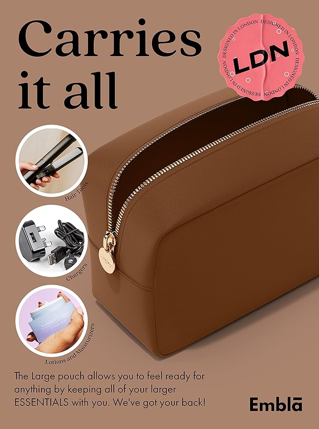 Embla Large Makeup Bag and Waterproof Nylon Travel Toiletry Bag, Large Capacity Cosmetic Zipper Pouch, Dark Brown
