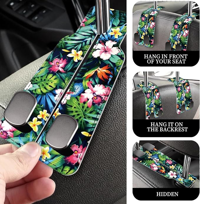 PU Leather Car Seat Hook, Storage Headrest Hanger, Cute Car Backseat Organizer, Car Hooks for Purses and Bags Tropical Hibiscus Leaves