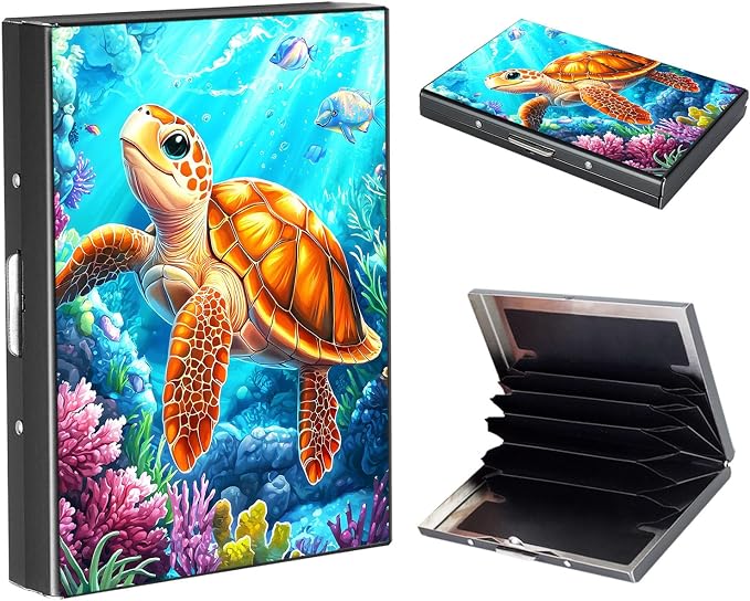 RFID Metal Wallet Credit Cards Holder Slim Mini Business Card Holder Metal ID Case Gift for Men Women,Cartoon Turtle