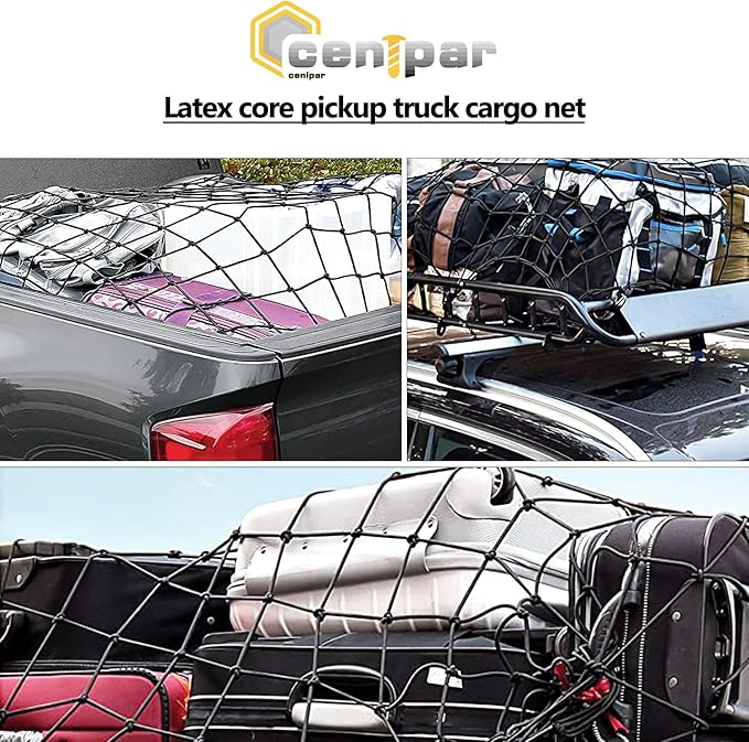 4’x6’ Truck Cargo Net Expands to 8' x 12' with 4"x4" Mesh Grid Super Duty Bungee Heavy Duty Bed Netting for Truck Bed Stretches with 12 Adjustable Metal Carabiners by Cenipar