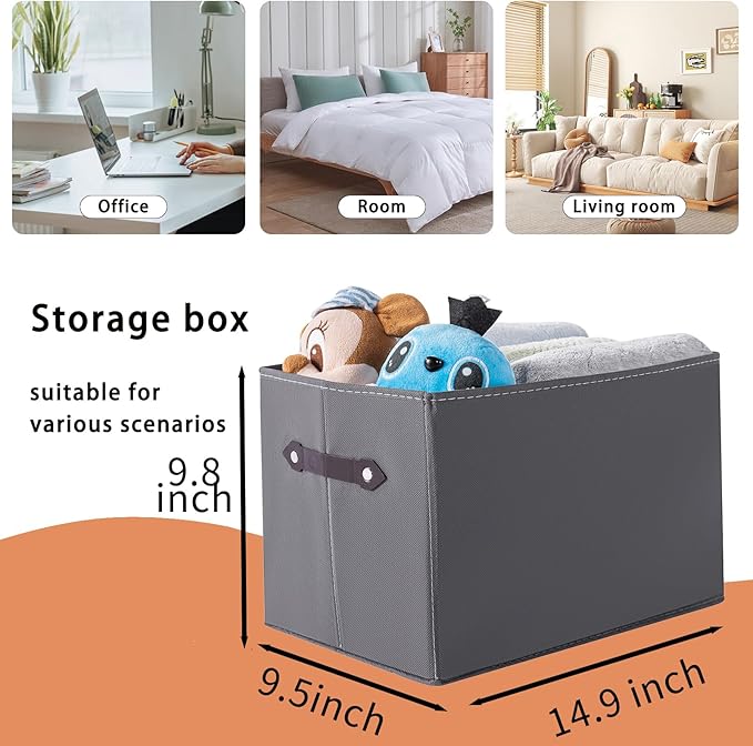 3 Pack Large Collapsible Storage Baskets for Shelves,14.9"x9.5" Fabric Closet storage Boxes with Leather Handles,Decorative Organizers Storage Bins for Clothes,Sheets,Toys,Books,(Gray)