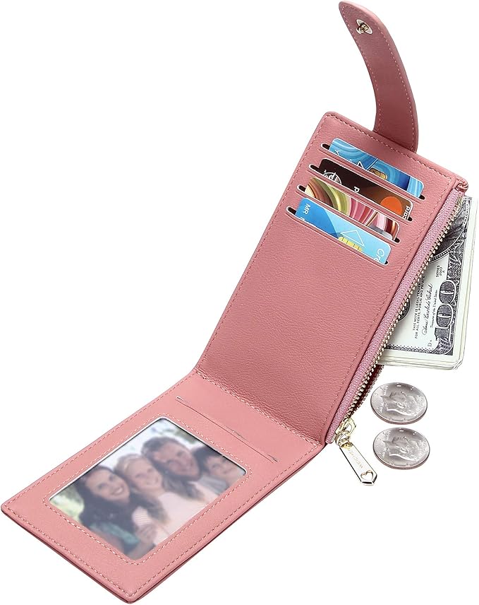 Badiya Slim Women Wallet RFID Blocking Bifold Compact 9 Card Slots Holder Wallets Soft Leather with Zipper Coin Pocket 2 ID Window