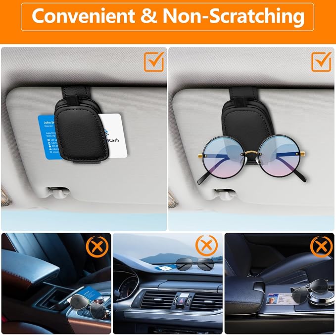 Sunglasses Holders for Car Visor, 2 Pack Magnetic Leather Sunglass Clip for Car Visor, Car Glasses Holder and Ticket Card Clip, Eyeglass Holder for Car Visor Accessories (Black)