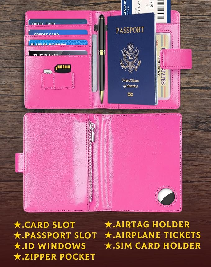Passport Holder Wallet Cover Case for Women and Men,RFID Blocking,Passport Case with AirTag Slot,Travel Accessories (Pink)