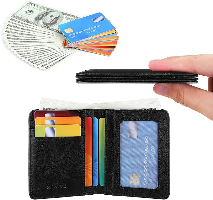 Bifold Slim Men Wallet Genuine Leather Thin, Small Vertical RFID Blocking Wallets for Men ，Compact & Stylish with Clear ID Windows (Black)
