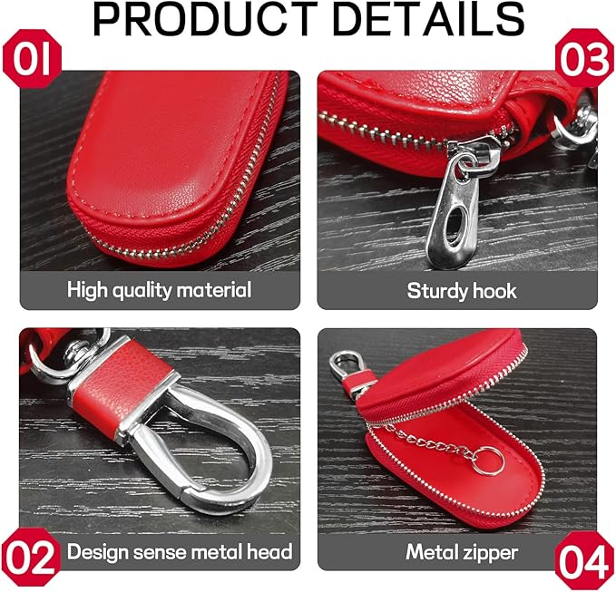 Car Key Case, Genuine Leather Auto Key Fob Protector, Universal Key Fob Cover Case with Metal Hook, Car Smart Keychain Holder for Remote Key Fob, Vehicle Keyring Zipper Bag (Red)
