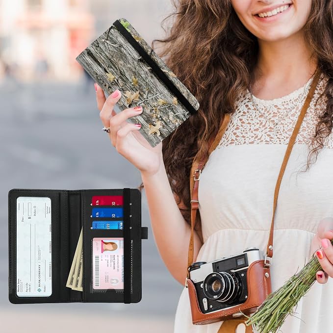 Premium PU Leather Checkbook Cover for Men & Women,RFID Blocking Slim Check Book Holder with Duplicate Check Divider & Pen Holder,Fits Standard Personal Checks,Camouflage Forest