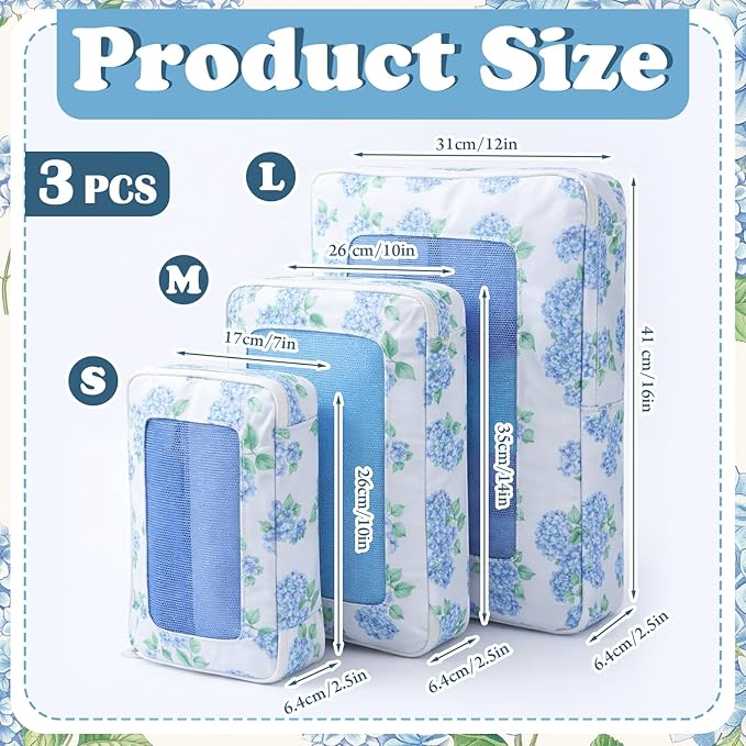Shinylin 3 Set Blue Floral Compression Packing Cubes for Travel Small Medium Large Luggage Packing Organizers Toiletries Bag for Cosmetics Clothing Accessories Shoes Bags Women Men