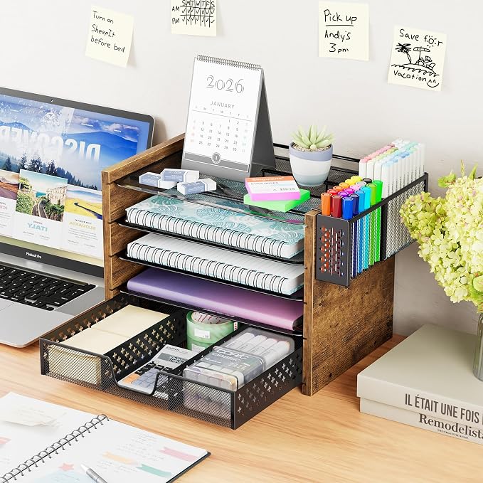 Simple Trending 5-Tier Wood Desk Organizer, Desk Organizers and Accessories with Drawer & Pen Holder for Home Office School