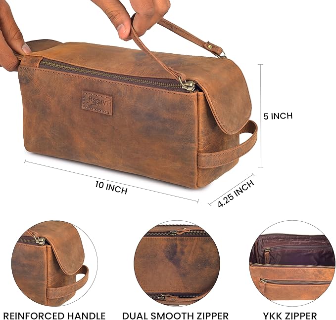 Rasavi Genuine Leather Travel Toiletry Bag for Men & Women, Handcrafted Vintage Dopp Kit, Water-Resistant Shaving & Bathroom Essentials Organizer - Distressed Brown