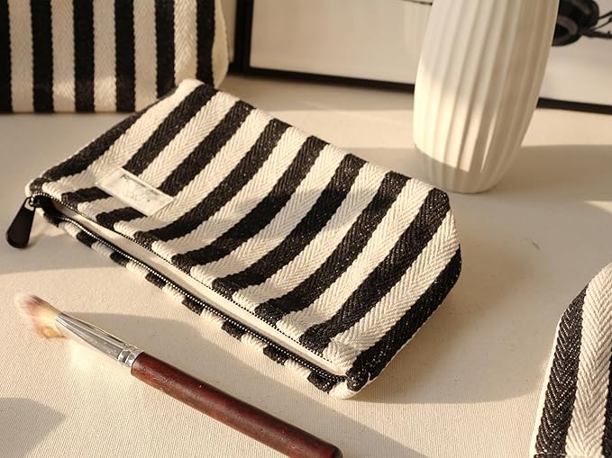 HAPPYHEIDI Black White Stripe Makeup Bag Set 3 with Compartment Cosmetic Toiletry Travel Pouch,Purse Accessory Organizer, 3-Size, Canvas Lined