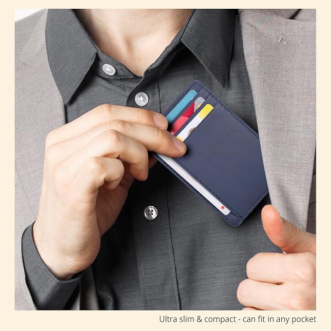 Real Leather Slim Minimalist Wallet for Men and Women -RFID Blocking Front Pocket Thin Credit Card Holder Stylish Wallets (Nappa Navy)