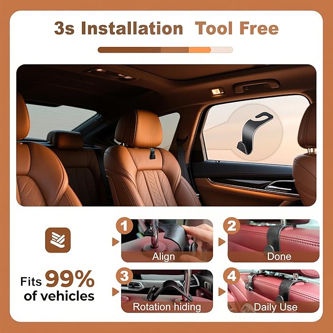 Car Seat Headrest Hook-Leather Textured Design,Heavy Duty 44 Lbs Capacity,Universal Fit for Most Vehicles,Space-Saving Car Hooks for Purses, Bags,Groceries,Gym Bag,Baby Product (Black)