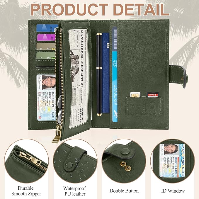 BKNOOU Passport Holder Rfid Blocking Travel Passport Wallet for Women and Men, Compact Leather Travel Wallet Trifold Clutch Wallet, Passport Cover Holds Cards, Tickets, Cash and Pen