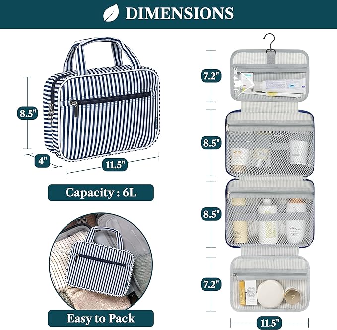 PAVILIA Hanging Toiletry Bag Travel Bag Women Men, Foldable Cosmetic Organizer, Roll up Makeup Bag, Water Resistant Accessories Toiletries, Large Travel Essentials Kit (Navy Stripe)