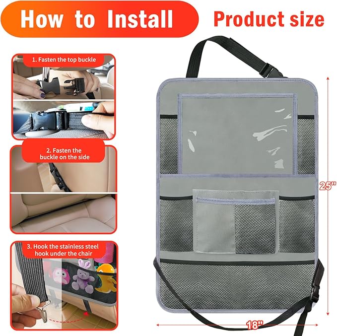 Car Backseat Organizer ，2 Pack Car Organizer Back Seat with 11" Tablet Holder, 10 Storage Pockets Seat Back Protectors Kick Mats for Kids Toddlers, Travel Accessories (Grey)