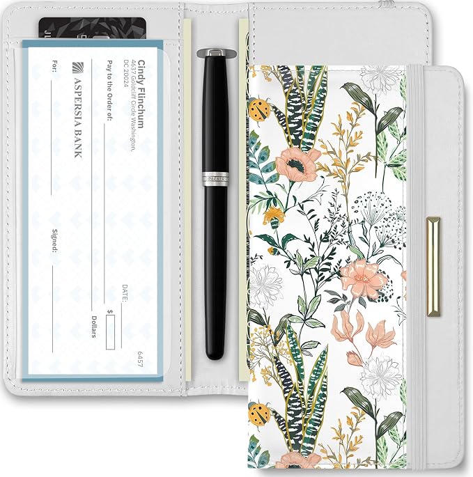 Letter Checkbook Cover, RFID Blocking Checkbook, Stylish, Lightweight, Slim Durable, Multi-Functional Checkbook Holder for Personal and Business Checks (Flower and Grass)