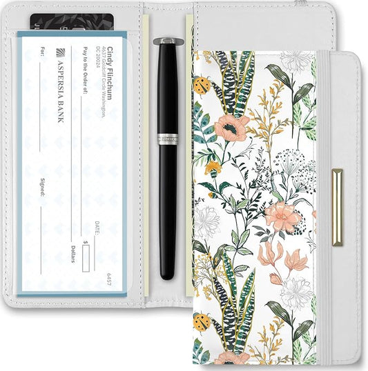 Letter Checkbook Cover, RFID Blocking Checkbook, Stylish, Lightweight, Slim Durable, Multi-Functional Checkbook Holder for Personal and Business Checks (Flower and Grass)