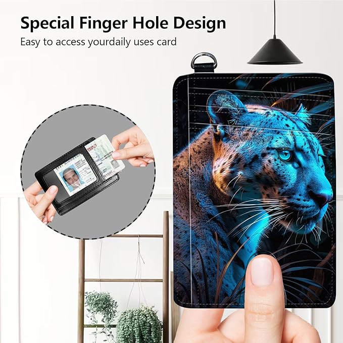 Slim RFID Blocking Card Holder Wallet with Wrist Strap - Minimalist Front Pocket Wallet, Blue leopard Design, PU Leathe, for Men & Women, Ideal for Travel & Gifts