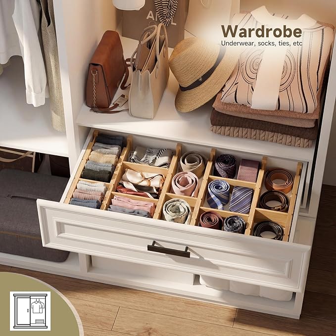 Bamboo Drawer Dividers, Expandable Kitchen Drawer Organizer, Include 8 Dividers, 8 Small Inserts and 8 Medium Inserts for Home, Office, Dressers