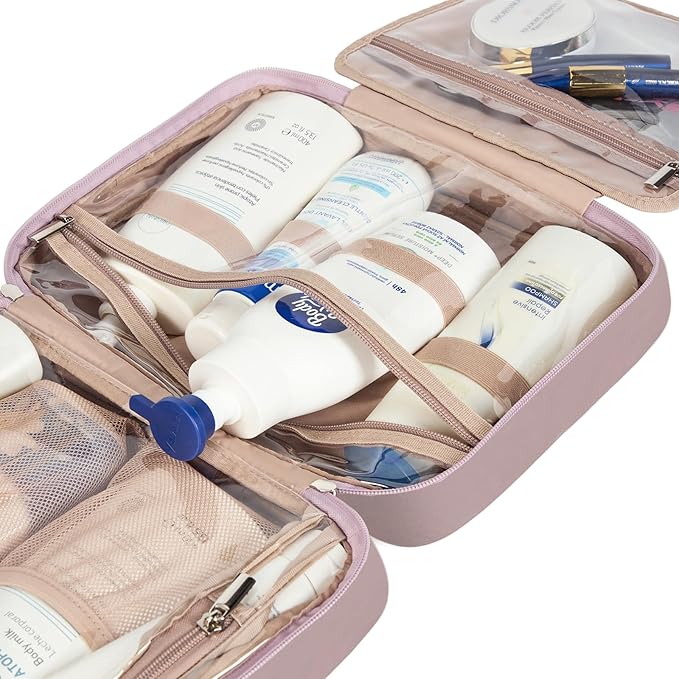 NISHEL Travel Toiletry Bag for Women, Makeup Essentials Organizer, Hanging Case for Accessories, Cosmetics, Large Size, Peach Pink