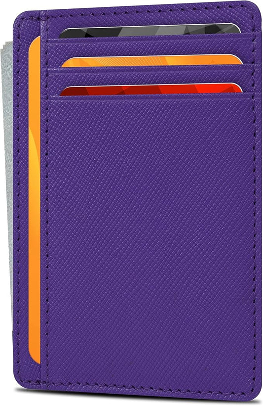 Real Leather Slim Minimalist Wallet for Men and Women -RFID Blocking Front Pocket Thin Credit Card Holder Stylish Wallets (Purple)
