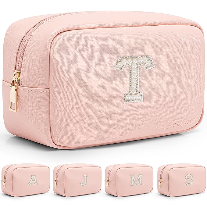 VLANDO Teacher Appreciation Gifts Personalized Birthday Gifts Makeup Kit Teen Girls Gifts Preppy Makeup Bag Small Cosmetic Bag Travel Graduation Gifts for Women T