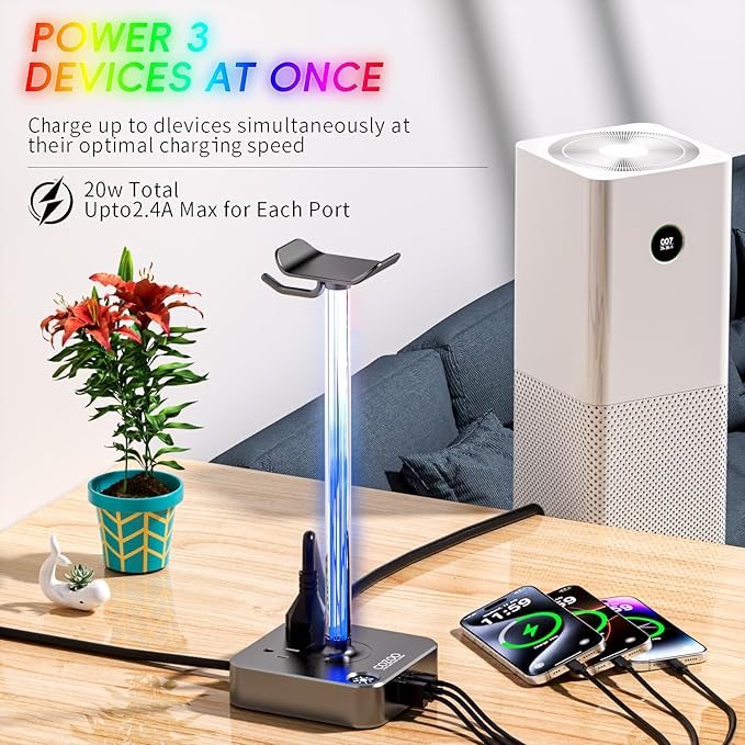 cozoo Gifts for Gamer Men All-in-One RGB Headset Stand & Charging Station | 3 USB Ports, 2 Outlets, Metal Space Gray | Gaming Equipment, Game Room Setup, Christmas Gifts for Him,Teen Boys,Tech Lovers
