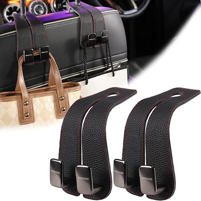 WEIHAO Car Purse Hook, Genuine Leather Car Seat Back Storage Hook, Purse Hook for Car Headrest, Twin Hook Leather Car Headrest Hangers, Bag Hook for Car, Trucks, SUVs, Most Vehicles (Black-2 PCS)