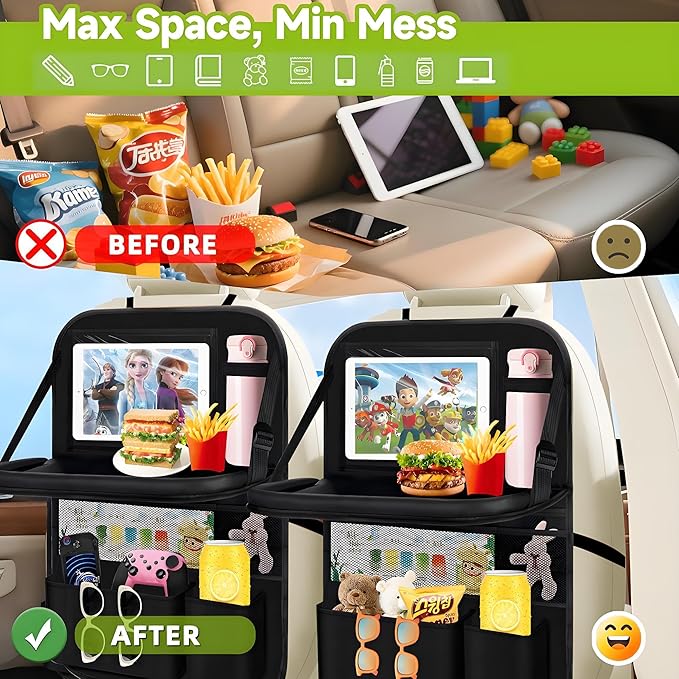 2PCS Backseat Car Organizer with Foldable Tray-9+2 Pockets Car Organizer and Storage,Car Seat Back Protector Road Trip Essentials Storage Caddy/Stuff for Cars/Truck/SUV Christmas Gifts