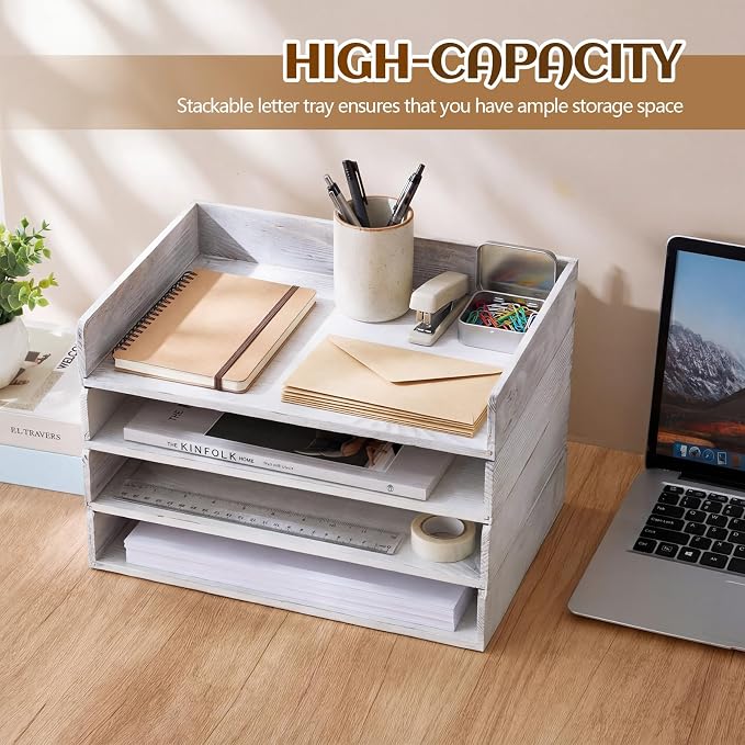 Yeaqee 4 Pcs Stackable Paper Organizer Tray Wood Desk Organizer Letter Tray Paper Holder Desktop Letter Size Office Wooden Desk Shelf Folder Organization Rack for Mail File Document (Vintage White)