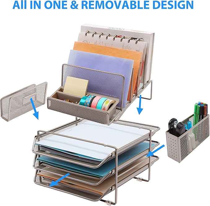 DESIGNA Stackable Mesh Desk Organizer with 3 Sliding Letter Trays 4 File Holders 2 Side Compartments & Pencil Holder Non-slip All In One Desktop Accessories Organizers Office Storage, Champagne