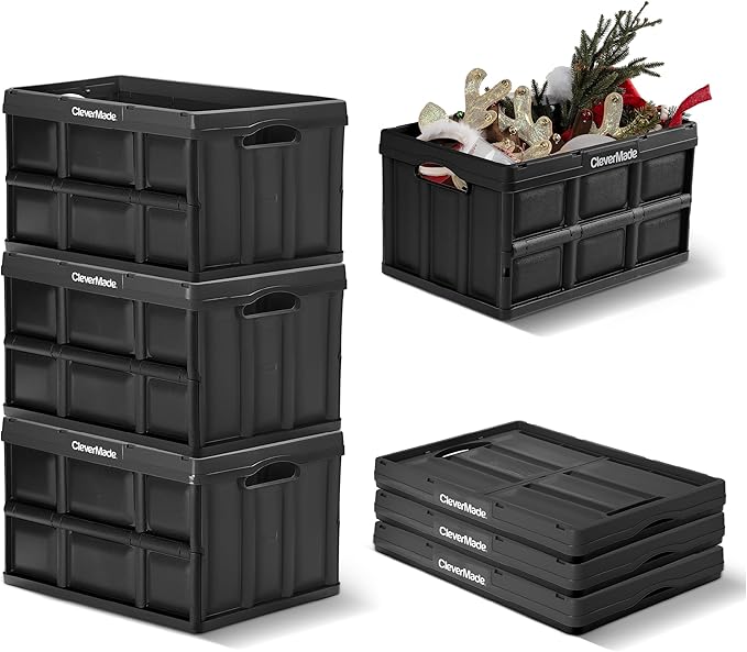CleverMade Collapsible Storage Bins 46L (3-Pack) – Heavy Duty Collapsible Plastic Storage Bins, Stackable Folding Storage Bins for Car, Garage, Home Organization - Foldable Bins, Obsidian
