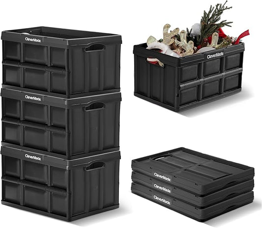 CleverMade Collapsible Storage Bins 46L (3-Pack) – Heavy Duty Collapsible Plastic Storage Bins, Stackable Folding Storage Bins for Car, Garage, Home Organization - Foldable Bins, Obsidian