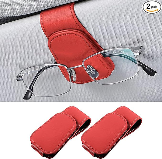 2PCS Sunglasses Holders for Car Sun Visor, Leather Eyeglasses Hanger Mounter, Magnetic Glasses Holder and Ticket Card Clip, Universal Auto Interior Accessories (Red, 2PCS)
